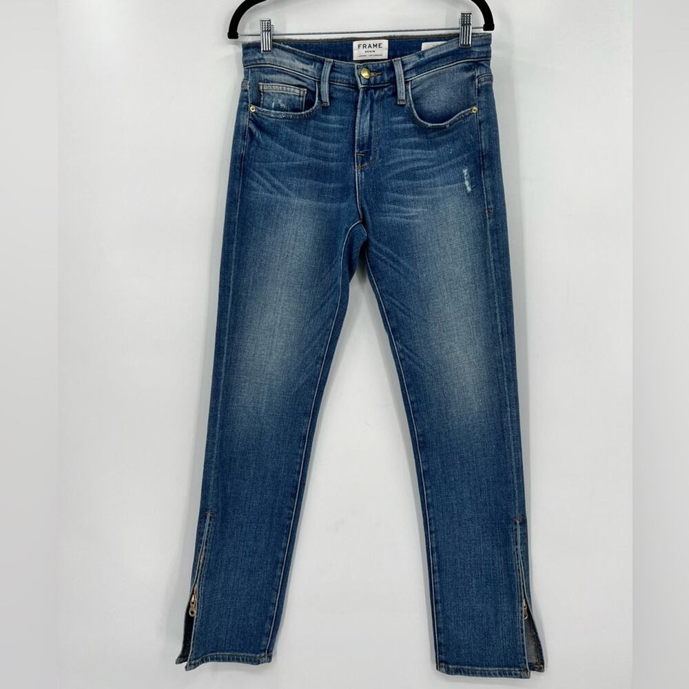 FRAME Le Boy Zip Hem Crop Jeans Ankle Picadilly Distressed Stretch Blue Size 26